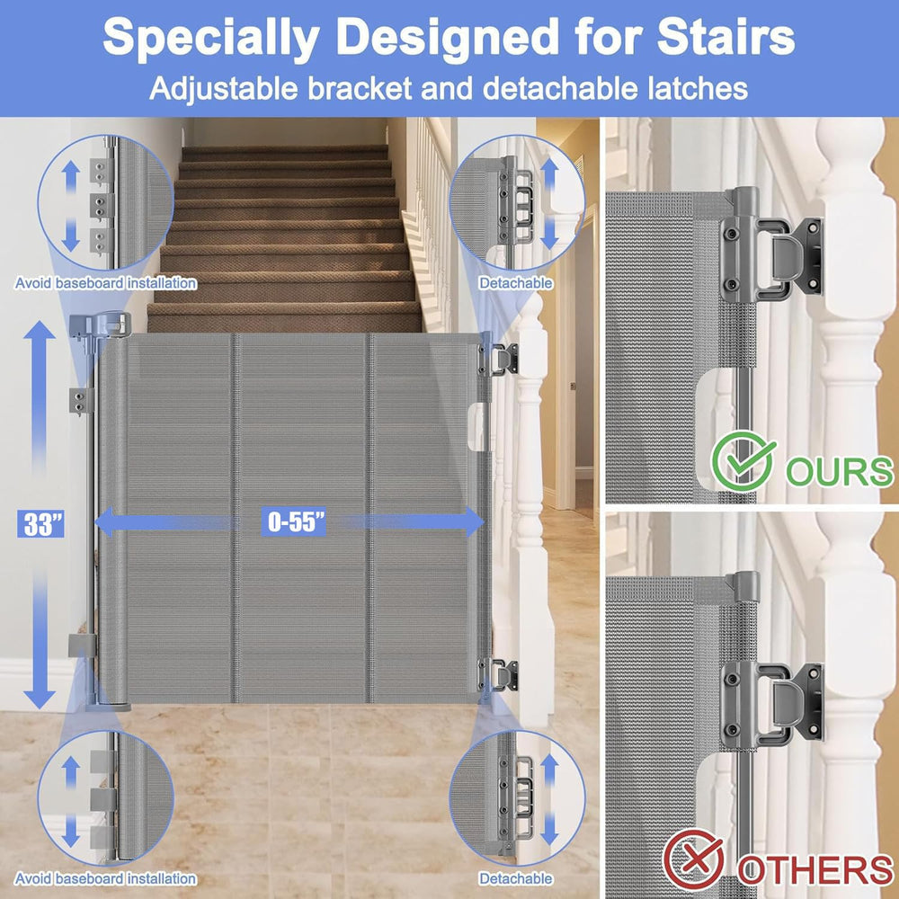 BETERTEK retractable gate stairs no bottom bar reduces tripping risk on stairs.
