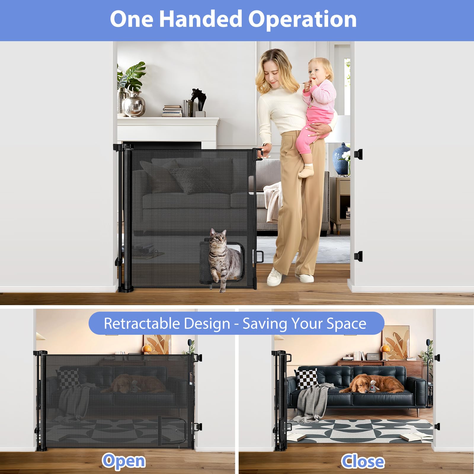 BETERTEK retractable mesh closeup emphasizes scratch-resistant, gentle material for kids and pets