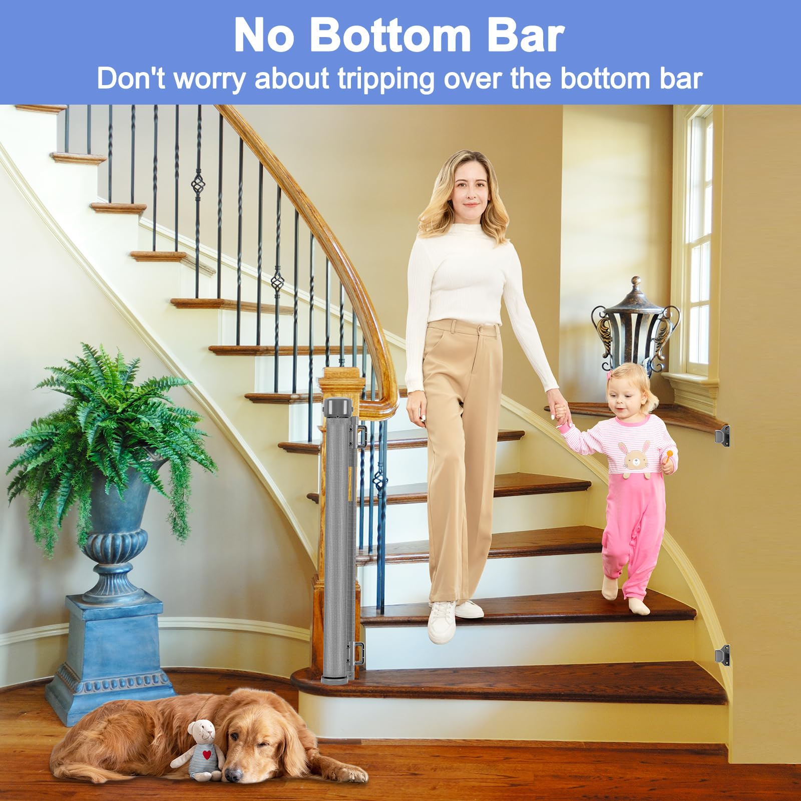 BETERTEK retractable stair gate 33 inches tall fits openings up to 55 inches wide.
