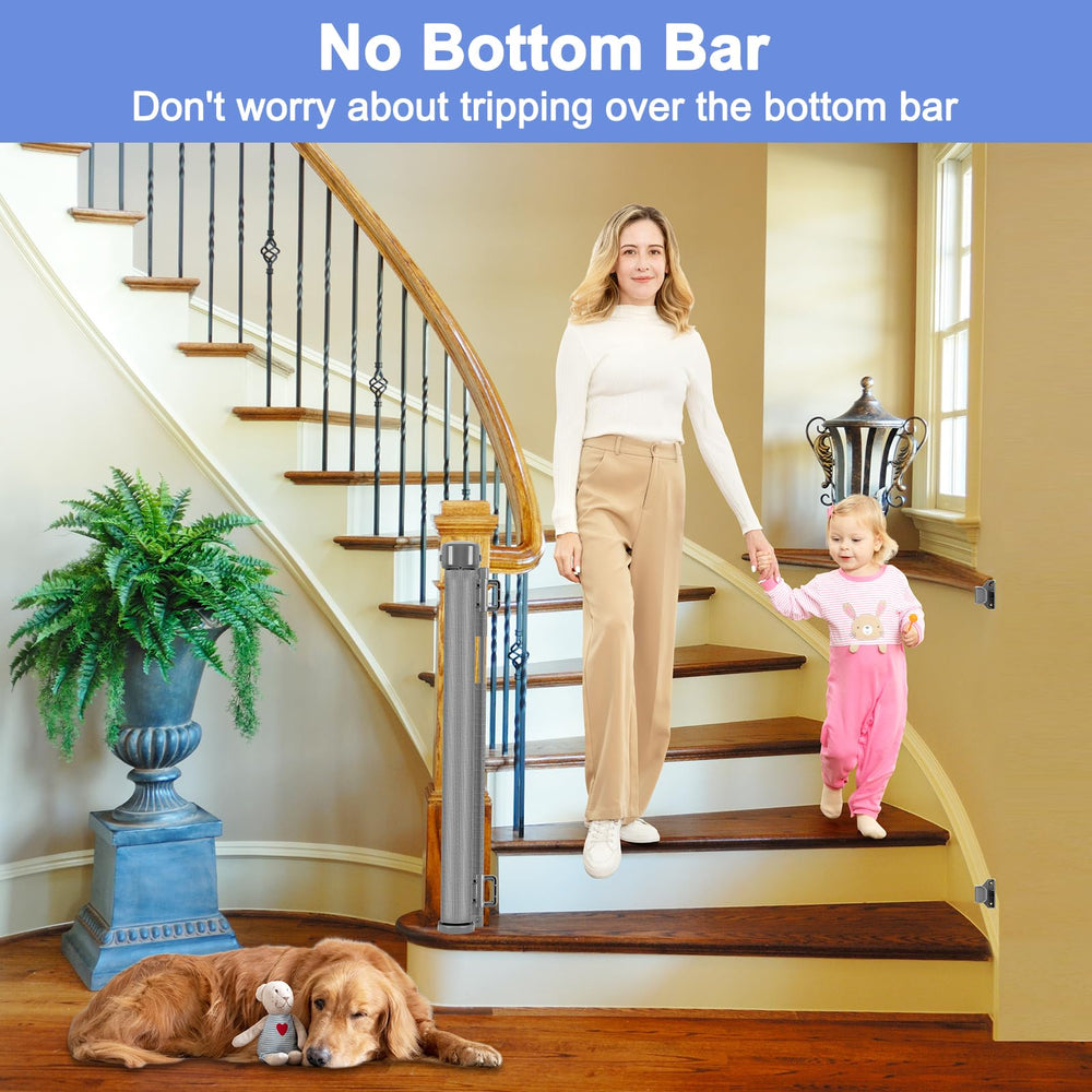 BETERTEK retractable stair gate 33 inches tall fits openings up to 55 inches wide.