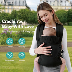 BethBear baby carrier back view showing ergonomic design reducing fatigue during daily errands.