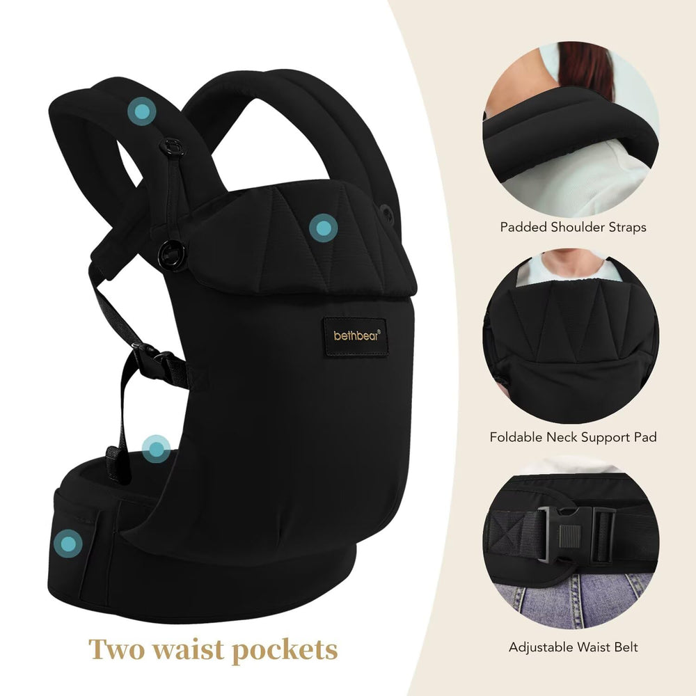 BethBear weight range 7-45lbs accommodates newborn to toddler use.