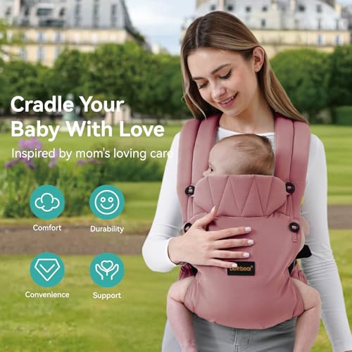 BethBear baby carrier on hip for hands-free versatility in pink
