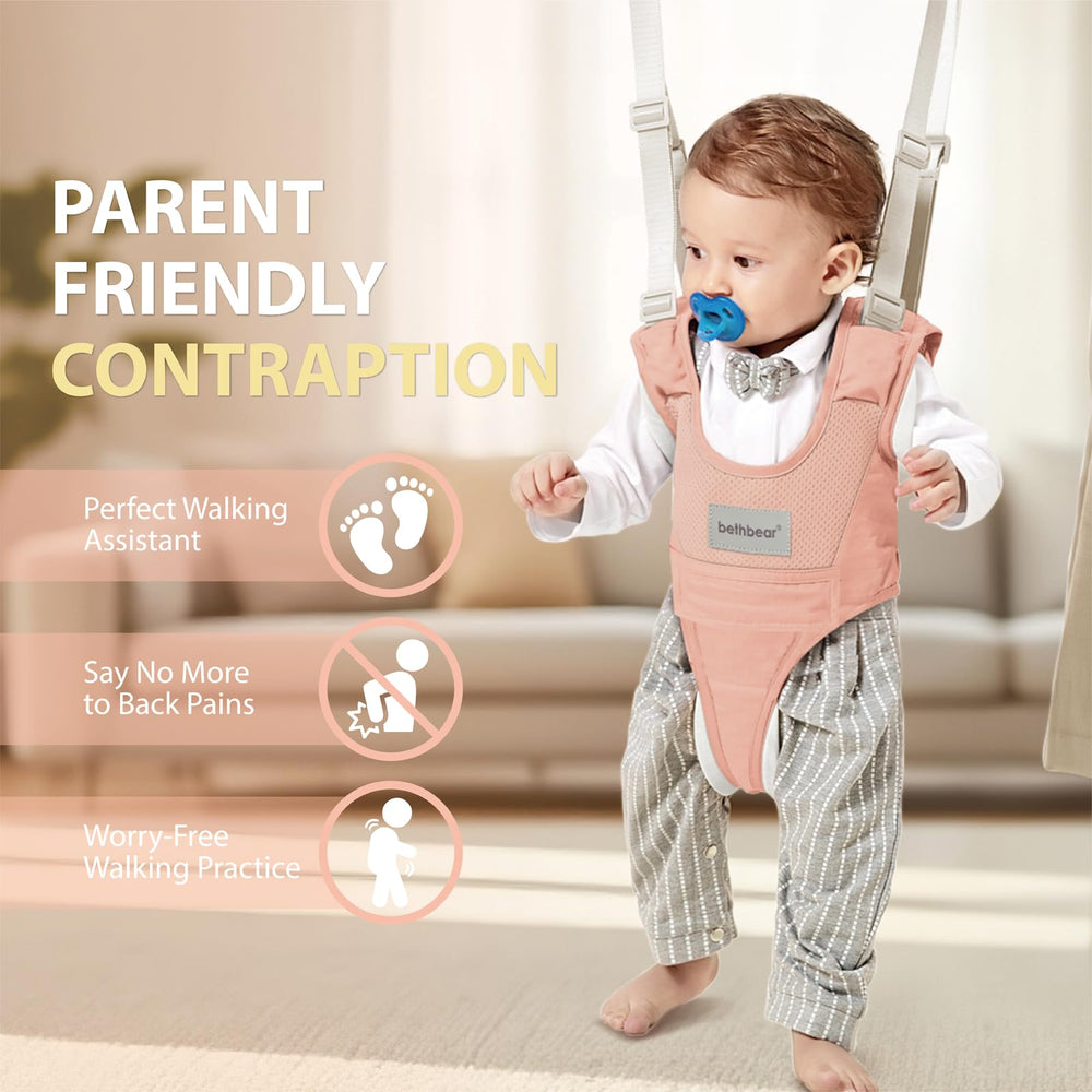 BethBear walking harness side view demonstrates adjustable fit for growing toddlers during practice walks.