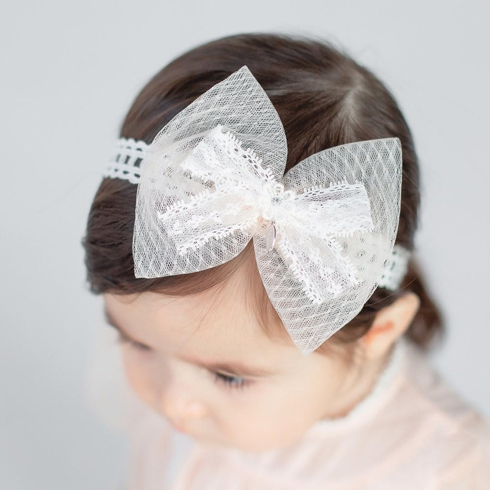 Bethynas baby bow-knot headband closeup shows delicate lace for gentle infant comfort