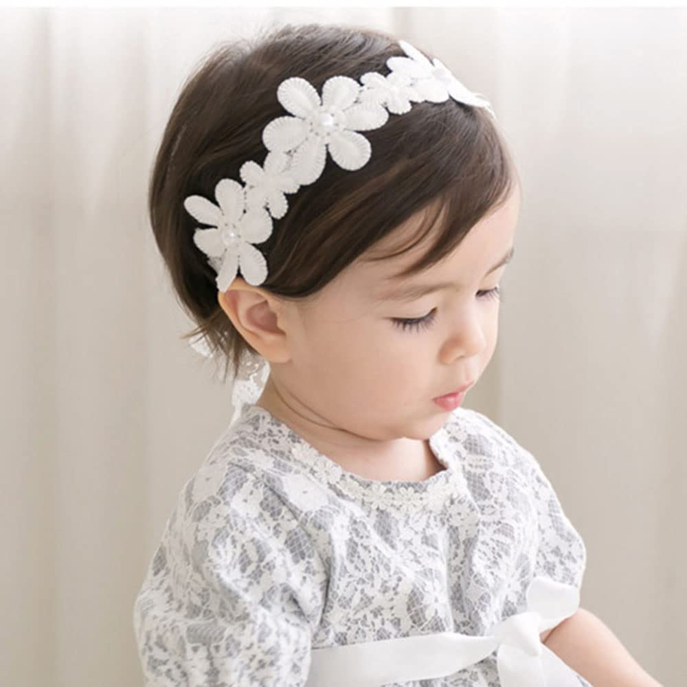 Bethynas lace headband, adjustable elastic, gentle stretch for 3-18 months.