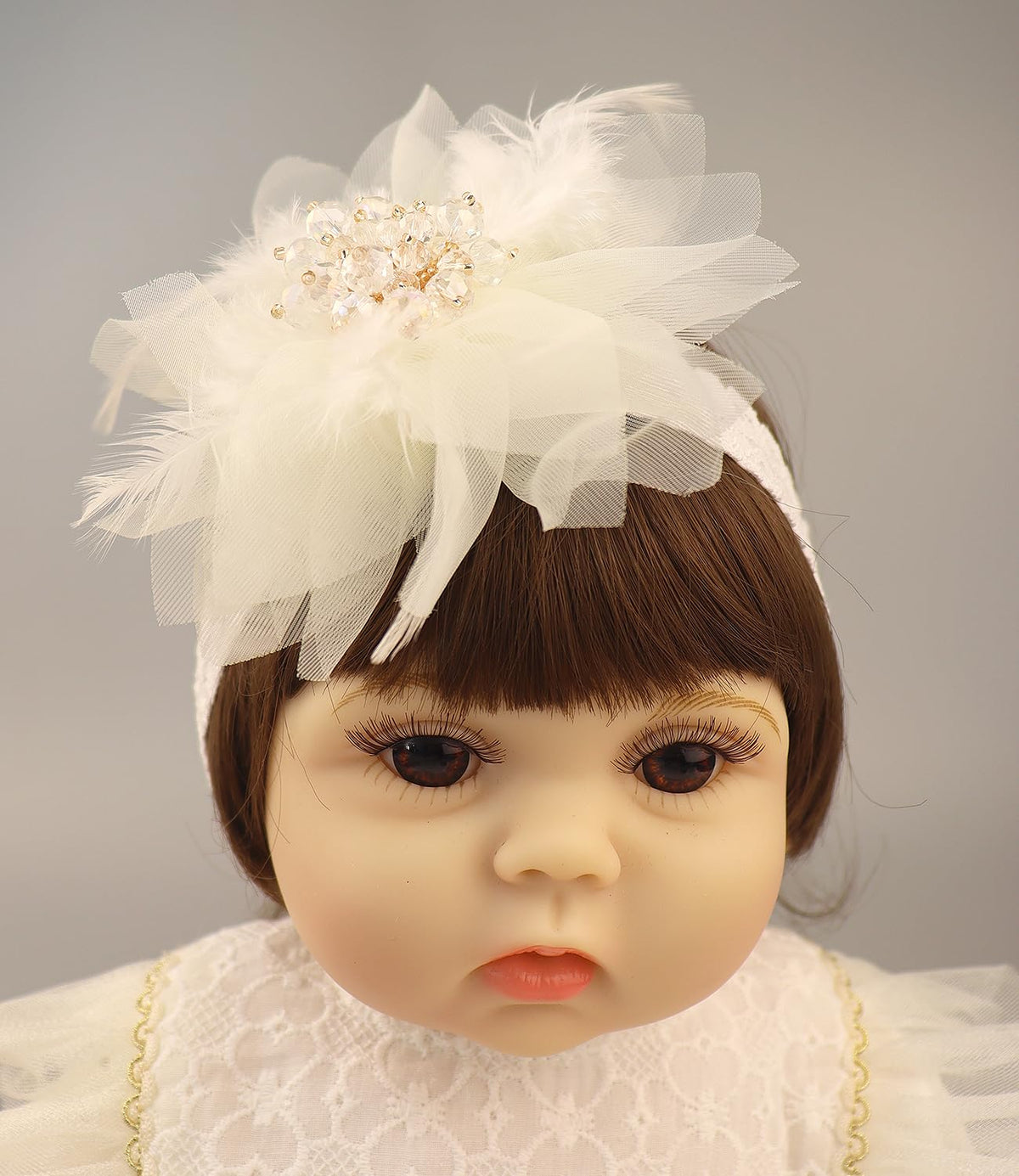 Bethynas baby girls lace feather headband white for photoshoots and parties