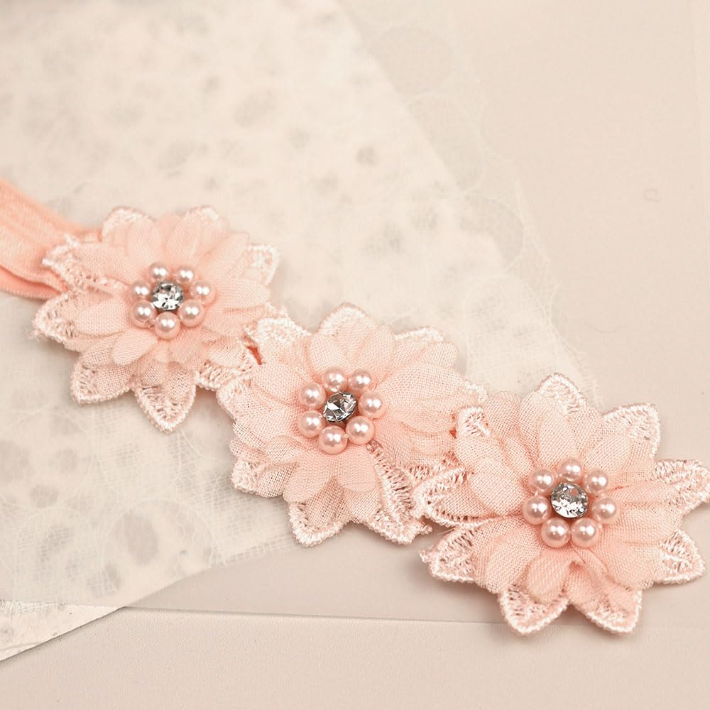 Bethynas christening headband pink with flower and pearl adds elegant styling for photos.