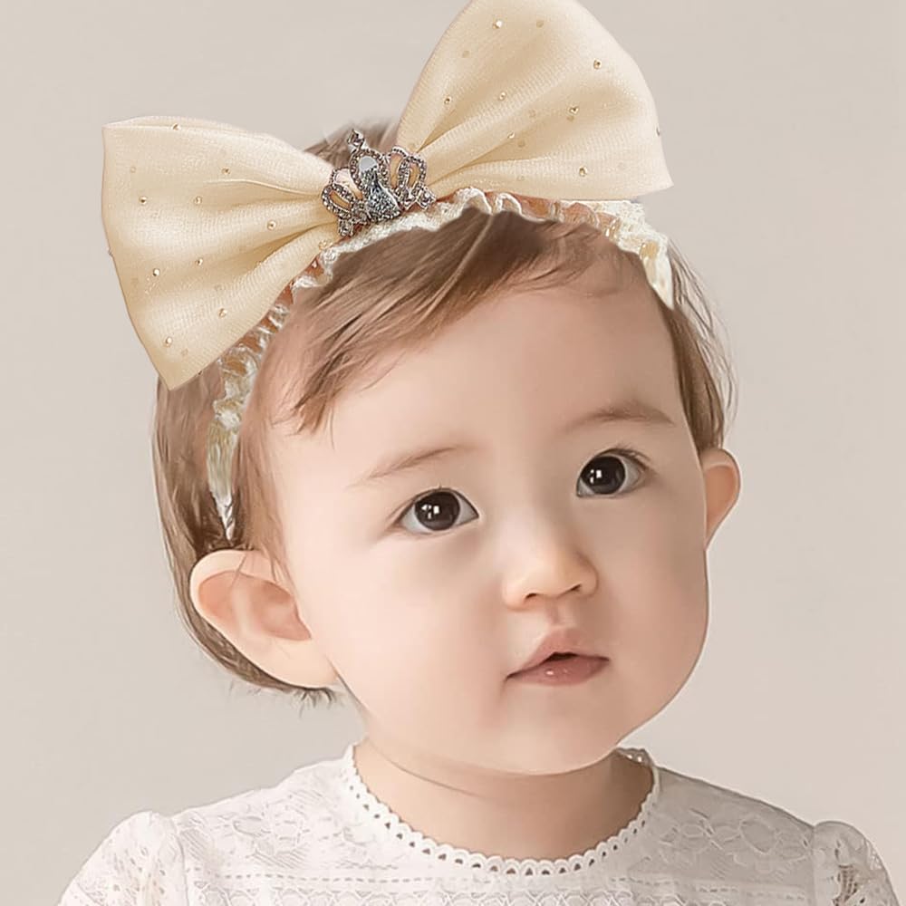 Bethynas Princess Crown Lace Bowknot Headband front view, soft gauze for all-day baby comfort