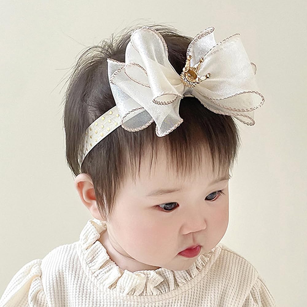 Bethynas Princess Crown Lace Bowknot Headband close-up off-white bow for newborn photos