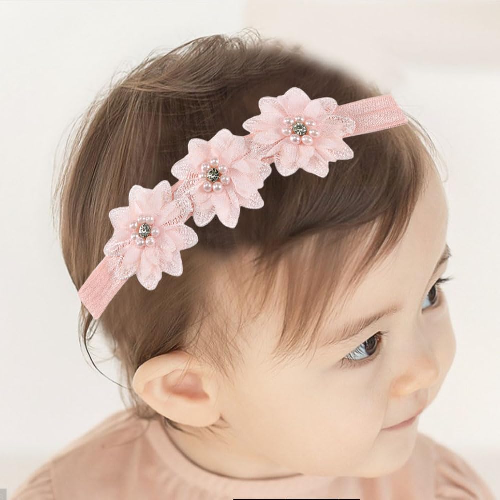 Bethynas white flower lace headband pink closeup highlights pearl detail for christening.