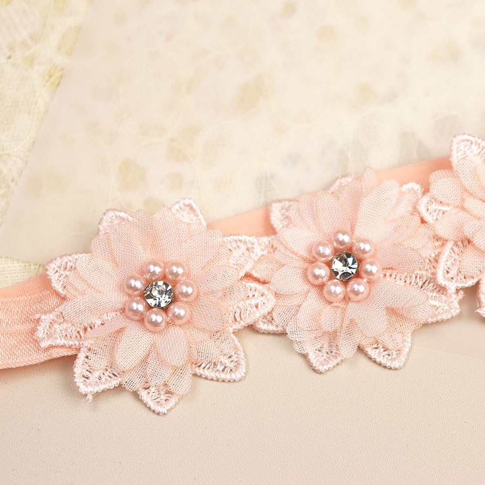 Bethynas white flower lace headband pink on baby girl demonstrates skin-friendly stretch.