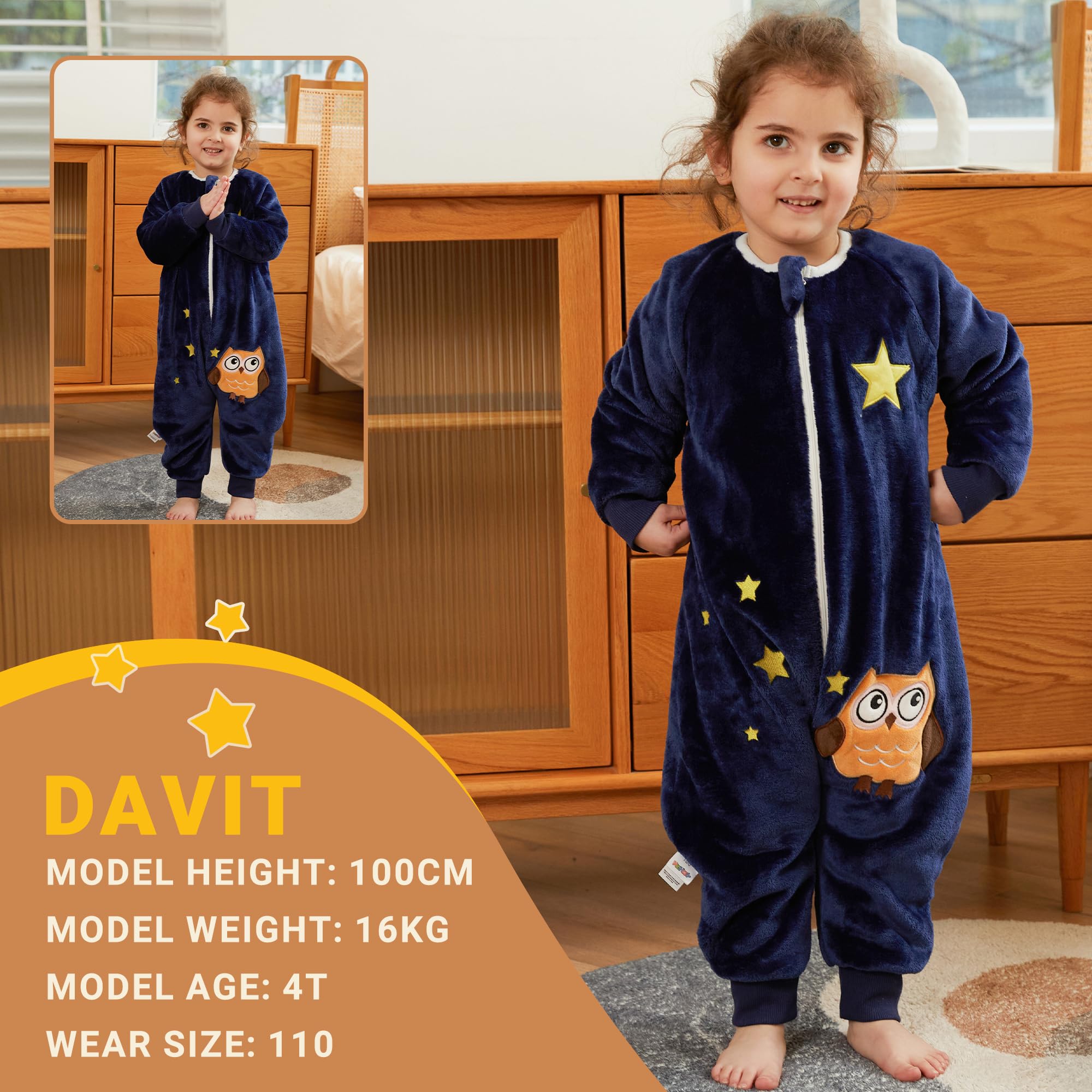 BETTERFUN dark-blue-owl-sleeping-bag-split-leg highlights mobility from crawl to walk