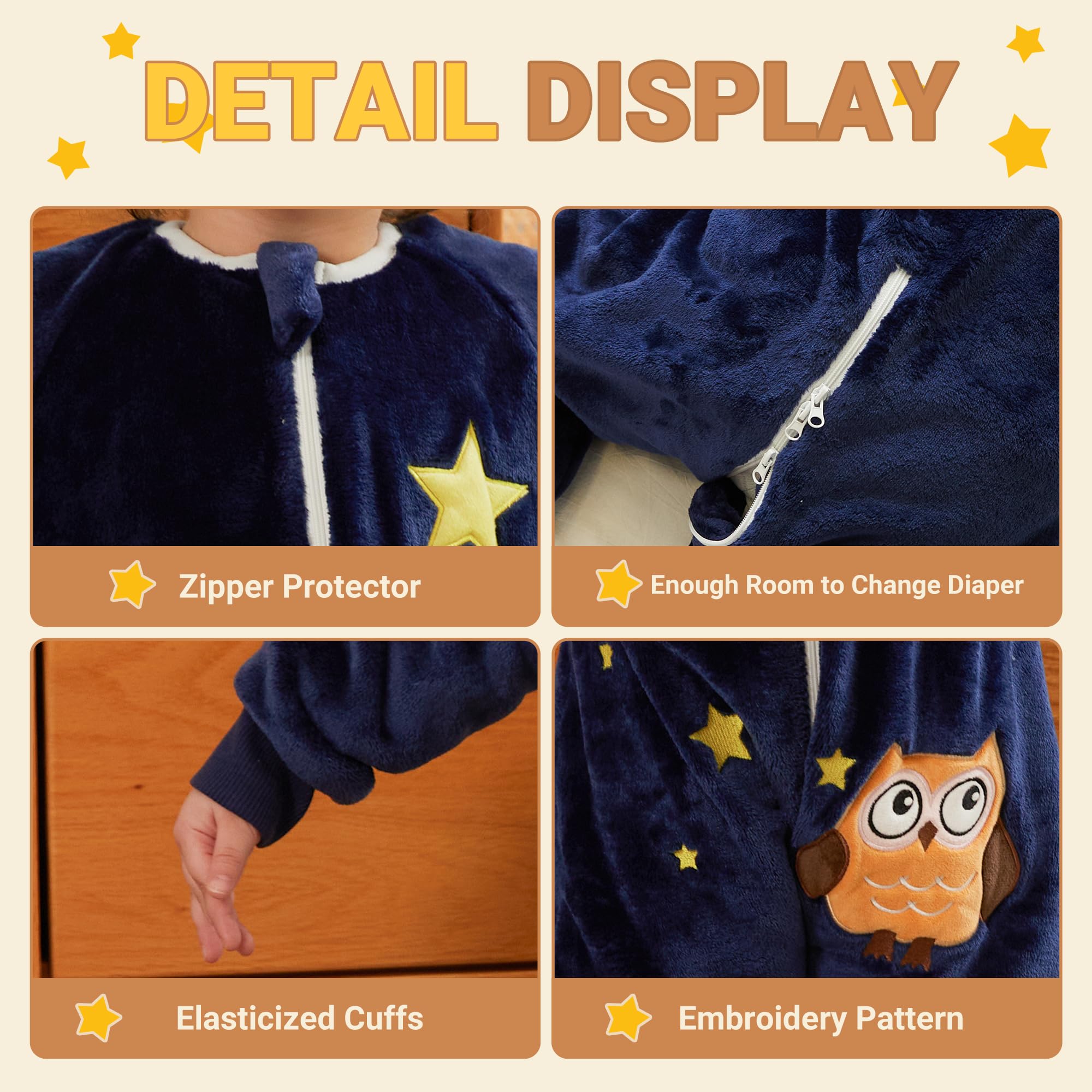 BETTERFUN dark-blue-owl-sleeping-bag-zipper-detail emphasizes two-way zipper for quick changes