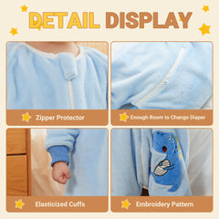 BETTERFUN dinosaur blue sleeping bag with feet keeps little one warm indoors.