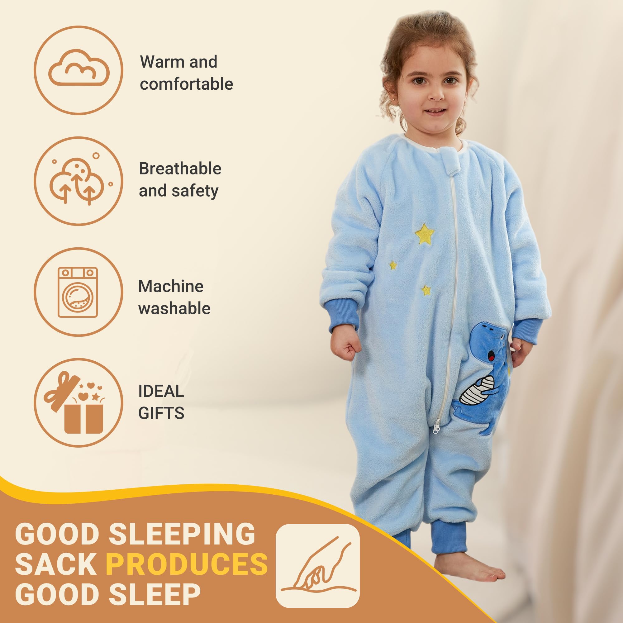 BETTERFUN dinosaur blue sleeping bag split-leg design supports crawling and movement.