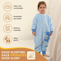 BETTERFUN dinosaur blue sleeping bag split-leg design supports crawling and movement.