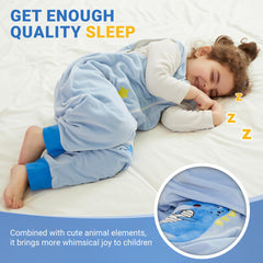 BETTERFUN blue dinosaur sleeping sack crotch-area detail demonstrates room to move