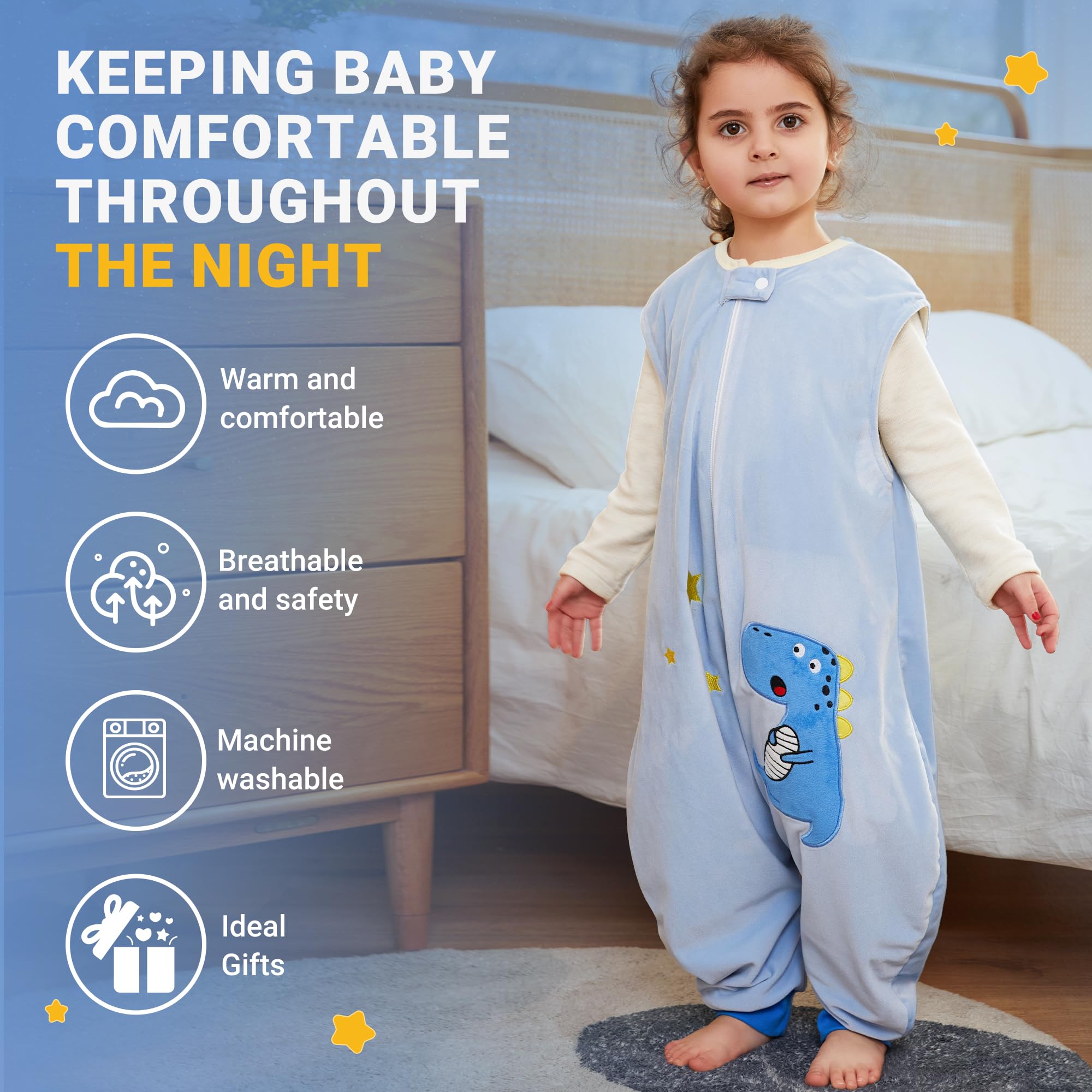 BETTERFUN blue dinosaur sleeping sack zipper-top view shows easy diaper changes