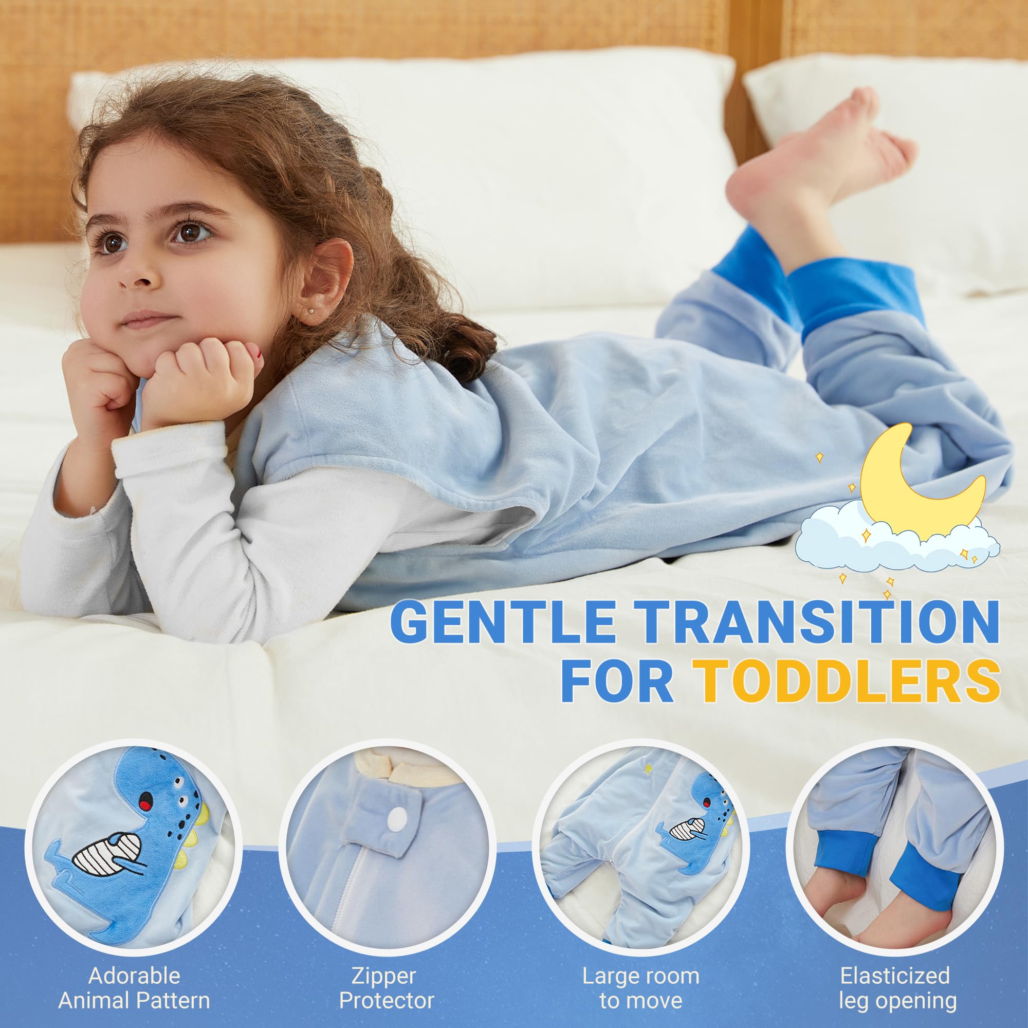 BETTERFUN blue dinosaur sleeping sack on walker demonstrates indoor warmth