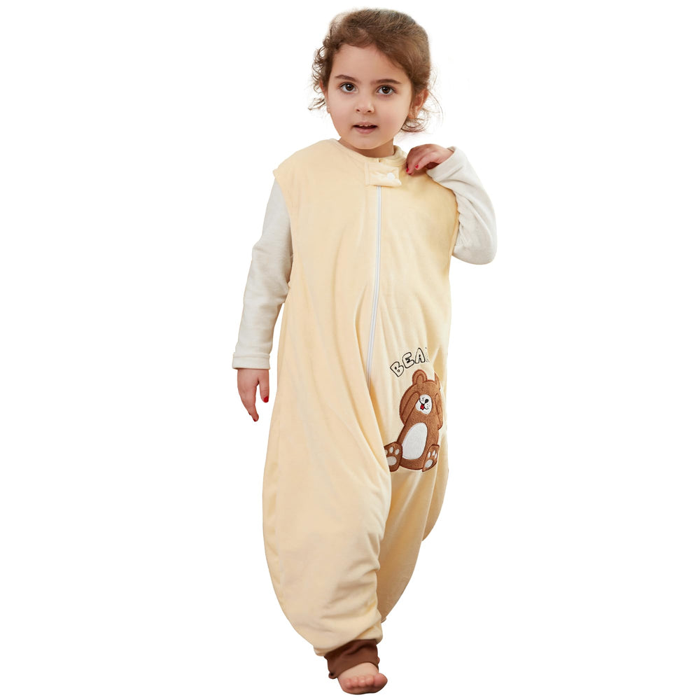 BETTERFUN Toddler Sleeping Sack with Feet front view shows breathable warmth in brown bear design.