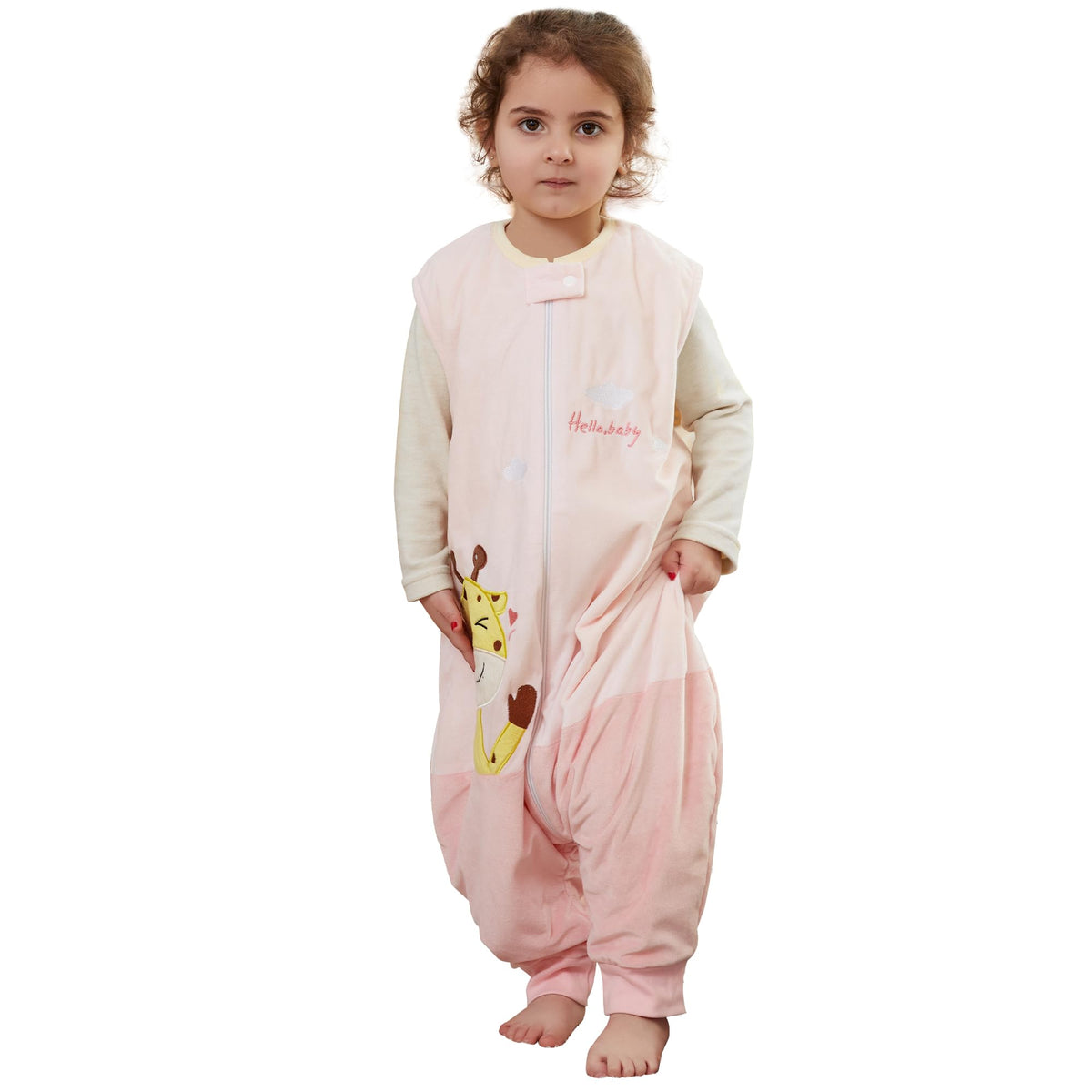BETTERFUN Toddler Sleeping Sack with Feet in pink giraffe print, breathable fabric for cozy naps.