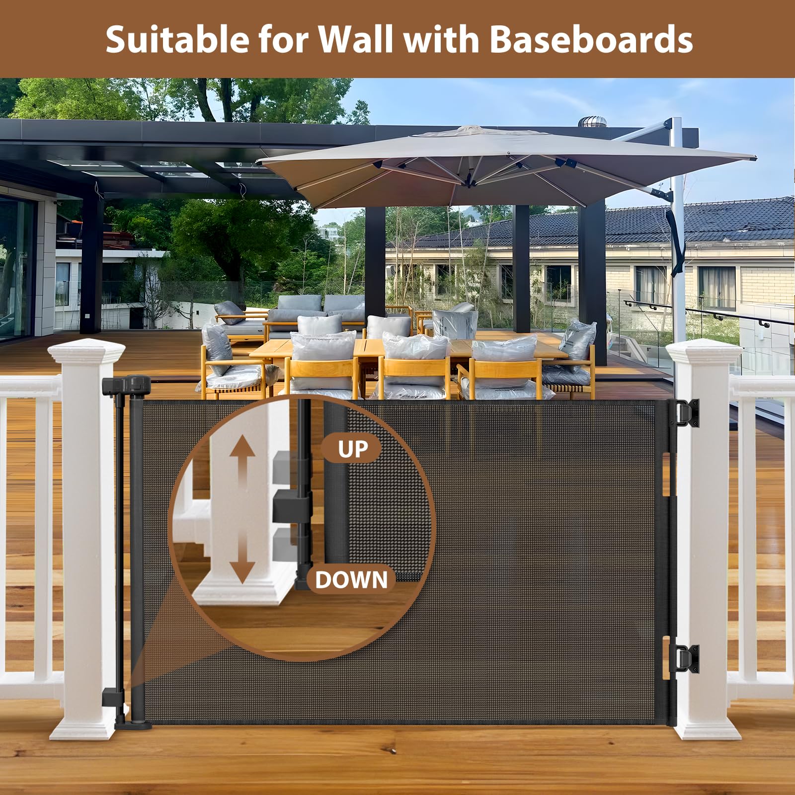 BETERTEK weatherproof gate on a deck provides outdoor pet containment