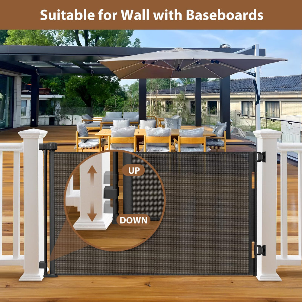 BETERTEK weatherproof gate on a deck provides outdoor pet containment