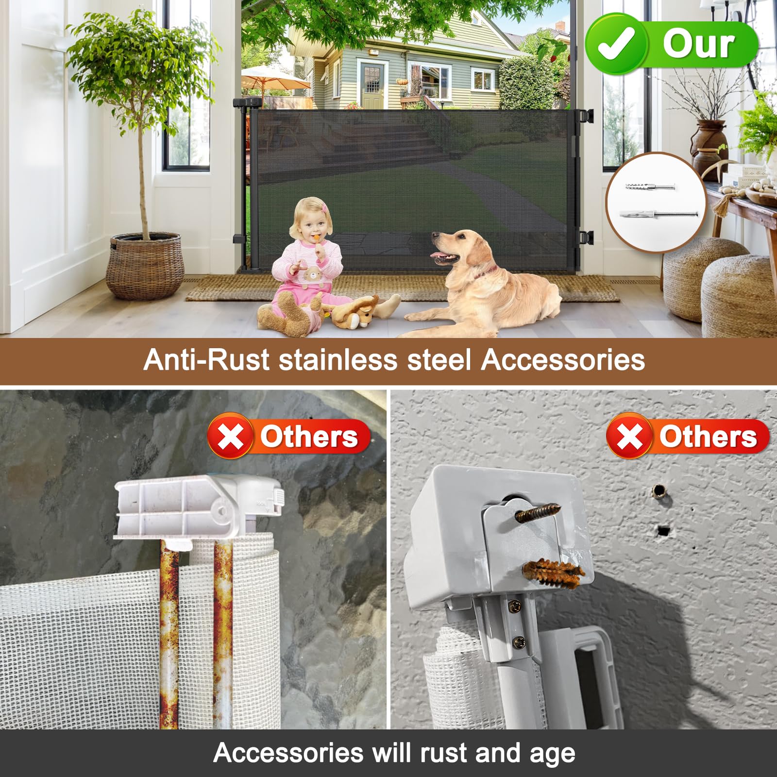 BETERTEK retractable mesh gate extended demonstrates wide, space-saving opening