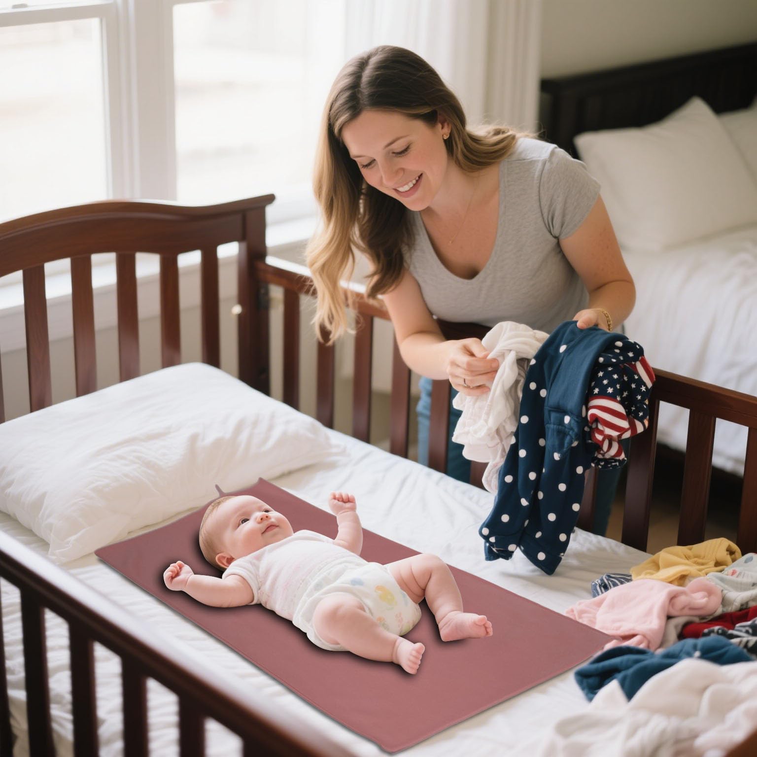 BEWDIO waterproof-durable-surface protects clothing during diaper changes.