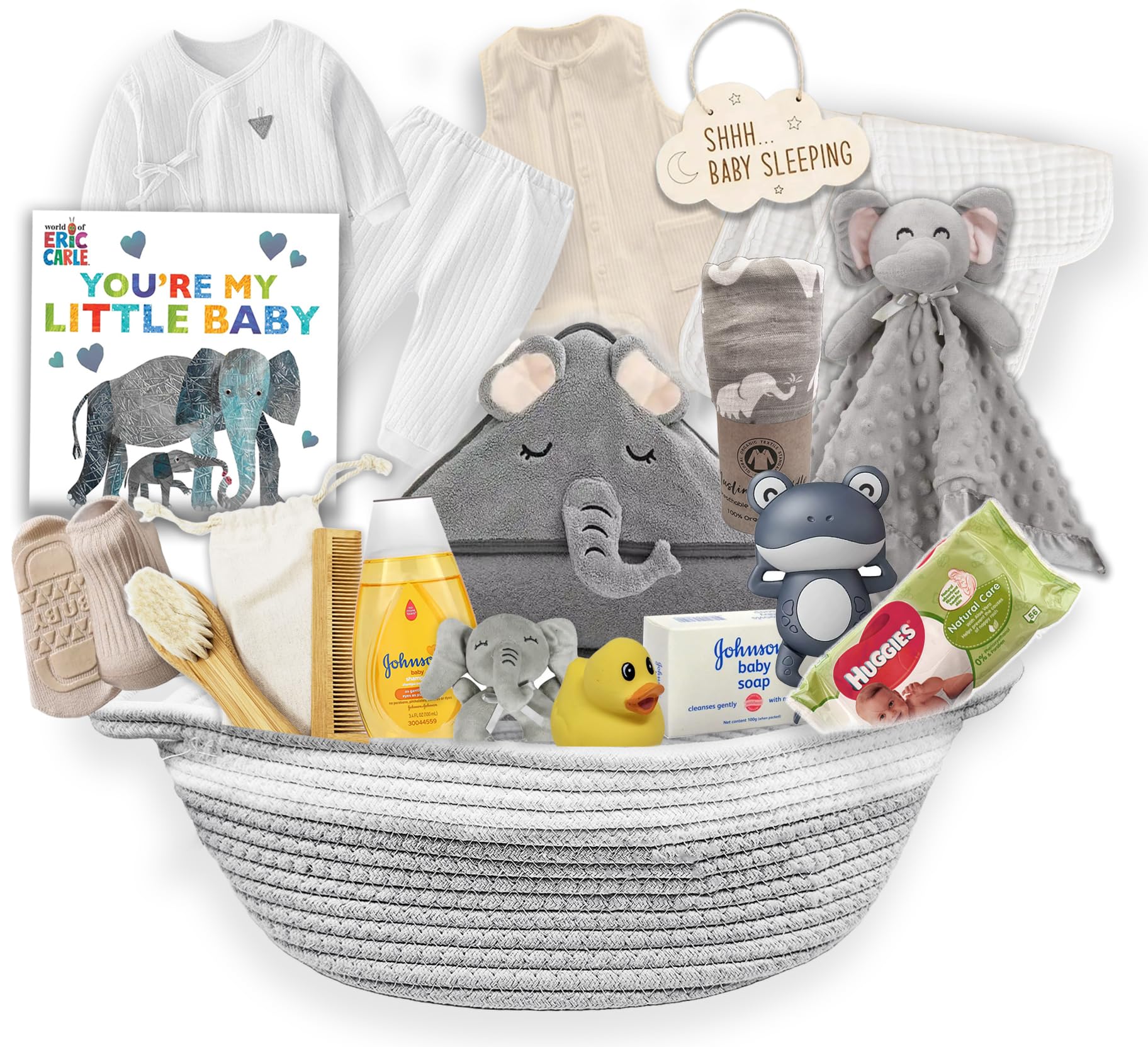 Beyond The Box elephant gift basket front view for a perfect newborn shower gift.