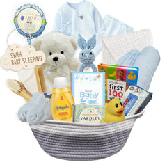 Beyond The Box new baby boy gift basket cover showcases a stylish, ready-to-gift presentation for baby showers.