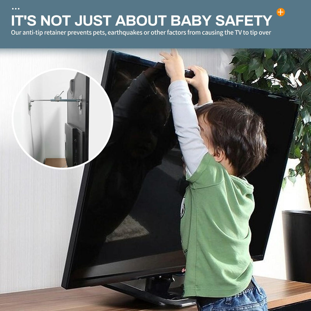 Bezant anti-tip straps installed on a flat-screen prevent tipping.