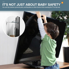 Bezant anti-tip straps installed on a flat-screen prevent tipping.