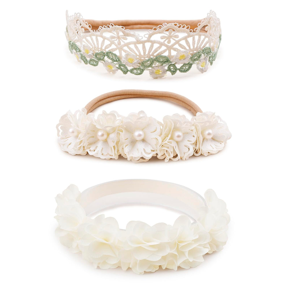 BFNAAgirl 3pcs floral headbands set in packaging, gift-ready for baby photos.