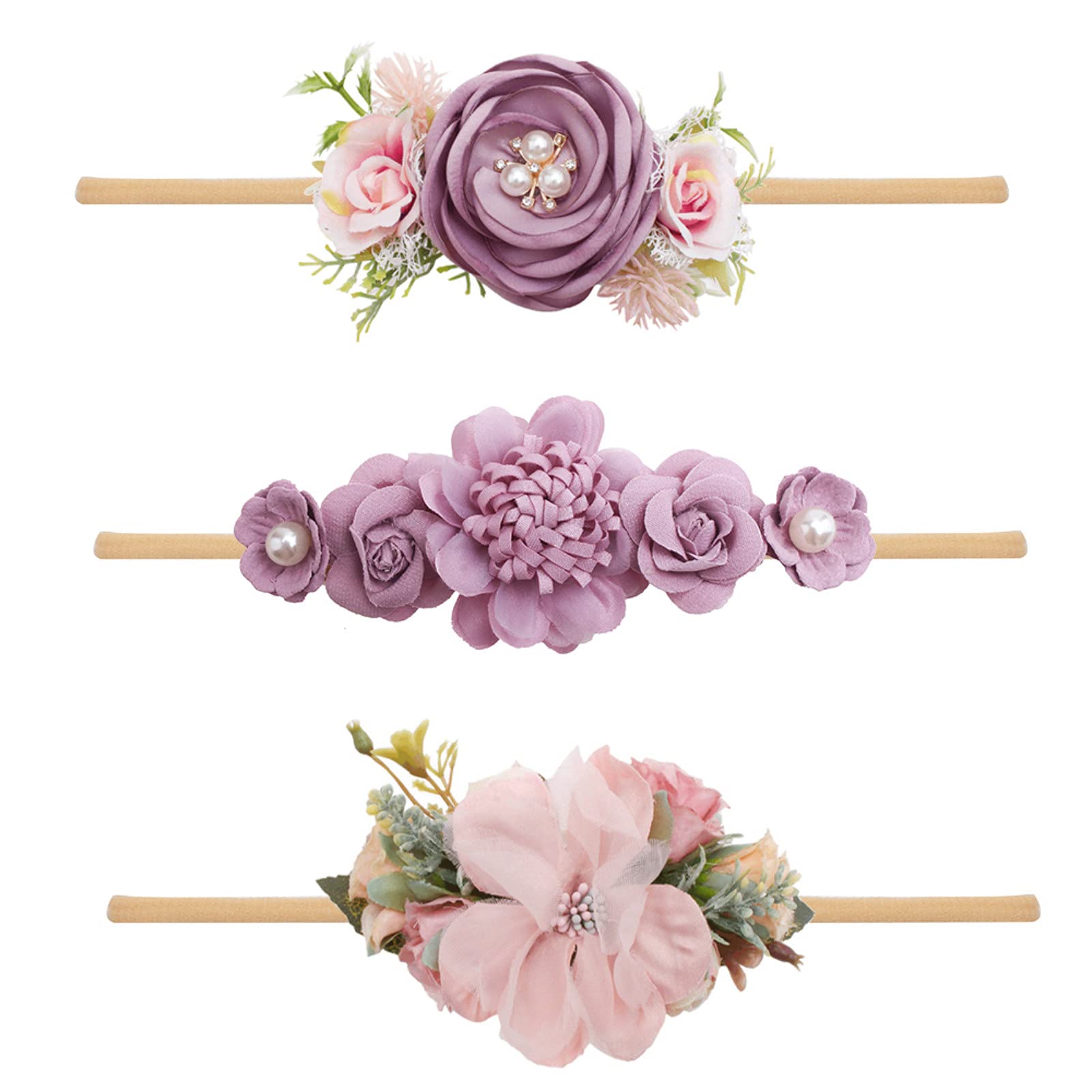 BFNAAgirl floral headbands close-up with rhinestones for newborn photos