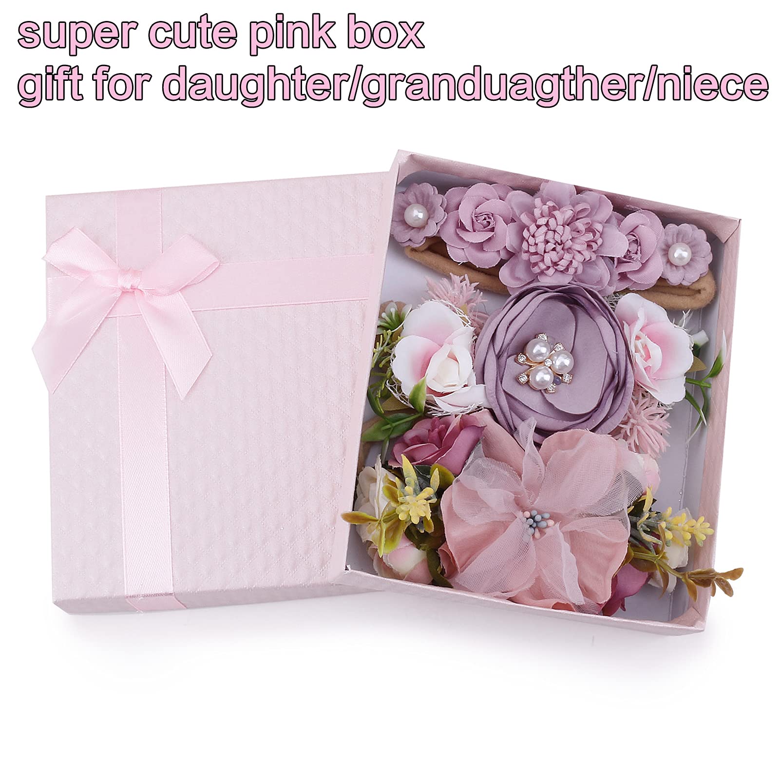 BFNAAgirl flower-embellished headbands show soft texture and gentle wear