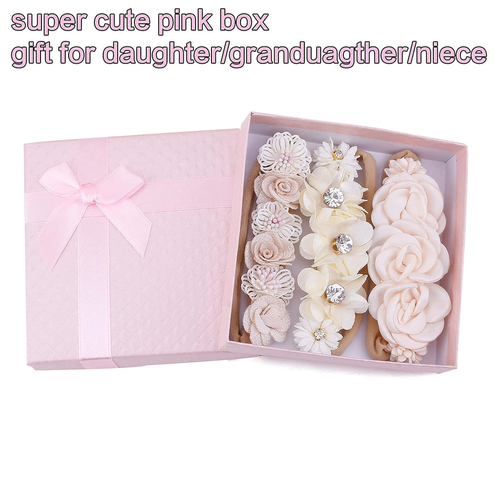BFNAAgirl baby headbands packaging shows gift ready box and three styles.