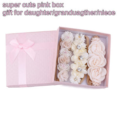 BFNAAgirl baby headbands packaging shows gift ready box and three styles.