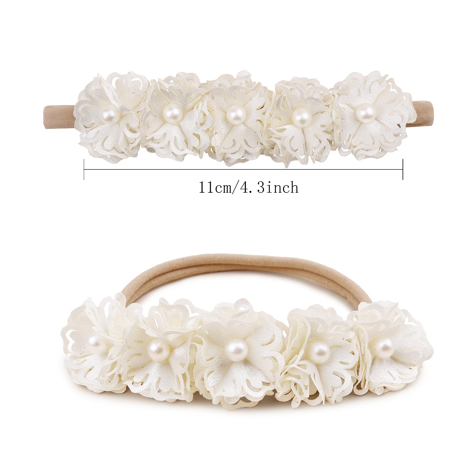 BFNAAgirl flower nylon headband closeup highlights soft stretch for growing babies.