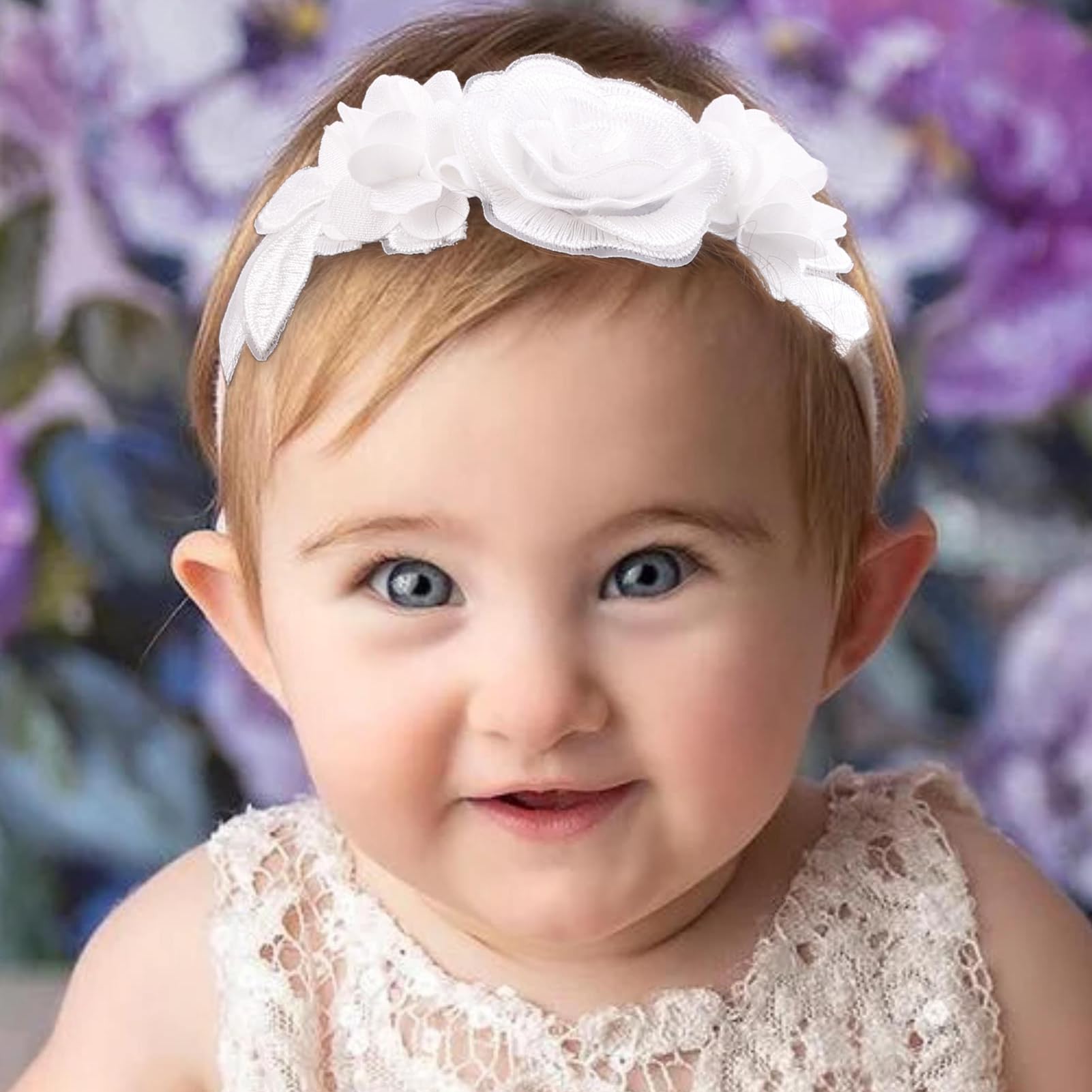BFNAAgirl headband close-up shows rhinestone accents on floral design for photo-ready style.