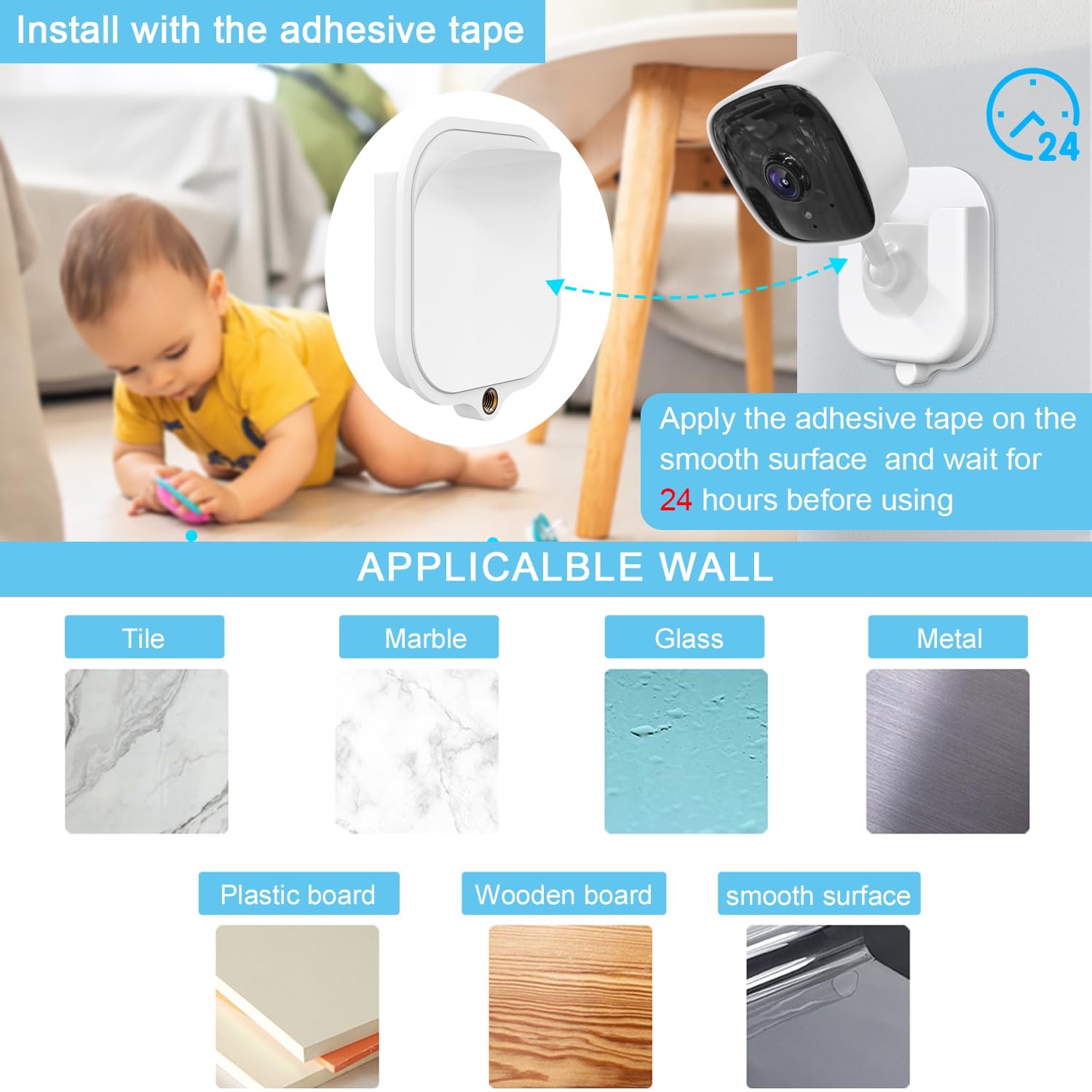 BFYTN Tapo mount adhesive option shows drill-free wall placement for clean setups.