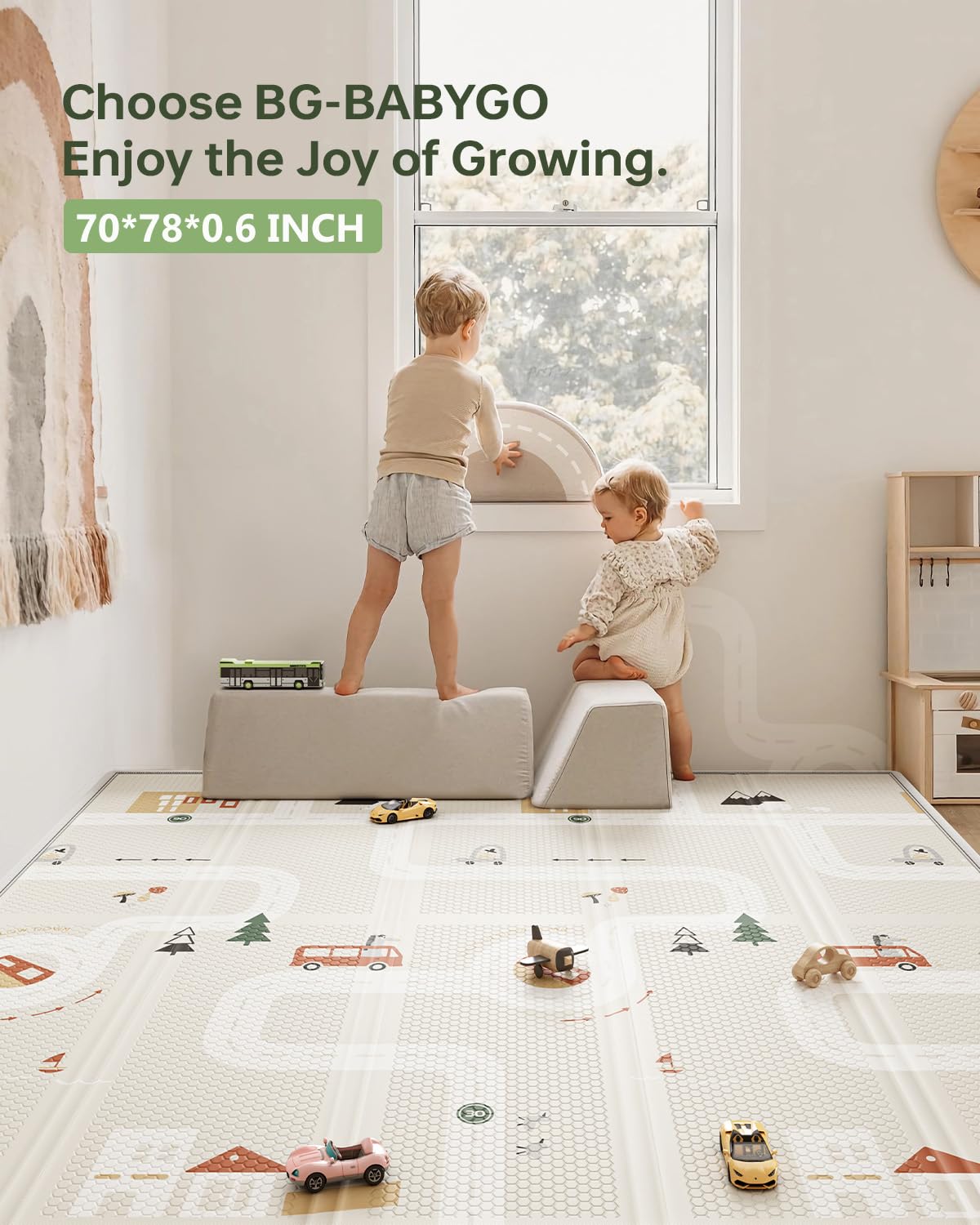 BG-BABYGO size options 50x78 and 70x78 for spacious play.