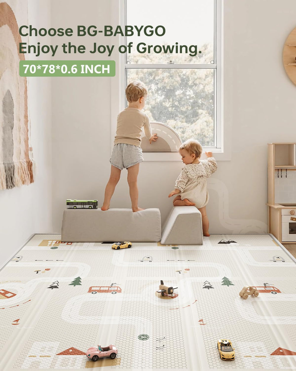 BG-BABYGO size options 50x78 and 70x78 for spacious play.
