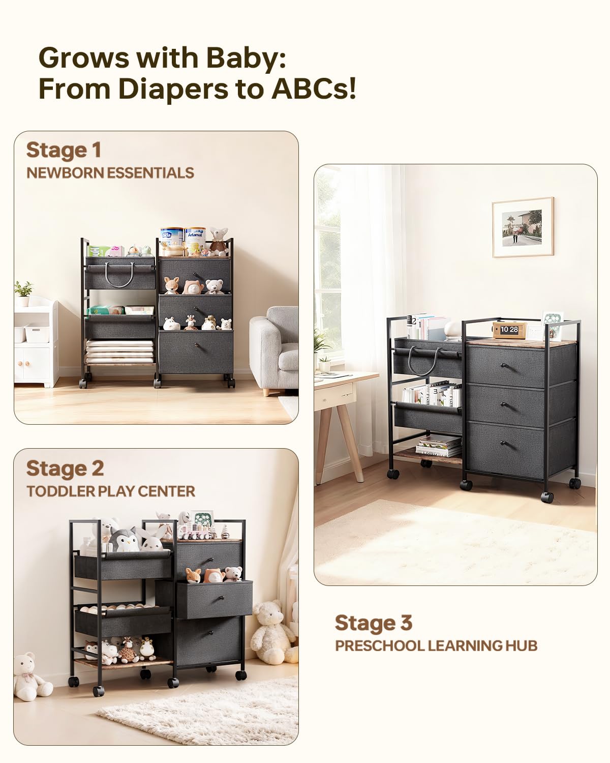 BG-BABYGO drawer-open bins allow quick access to bulk items like diapers and toys.