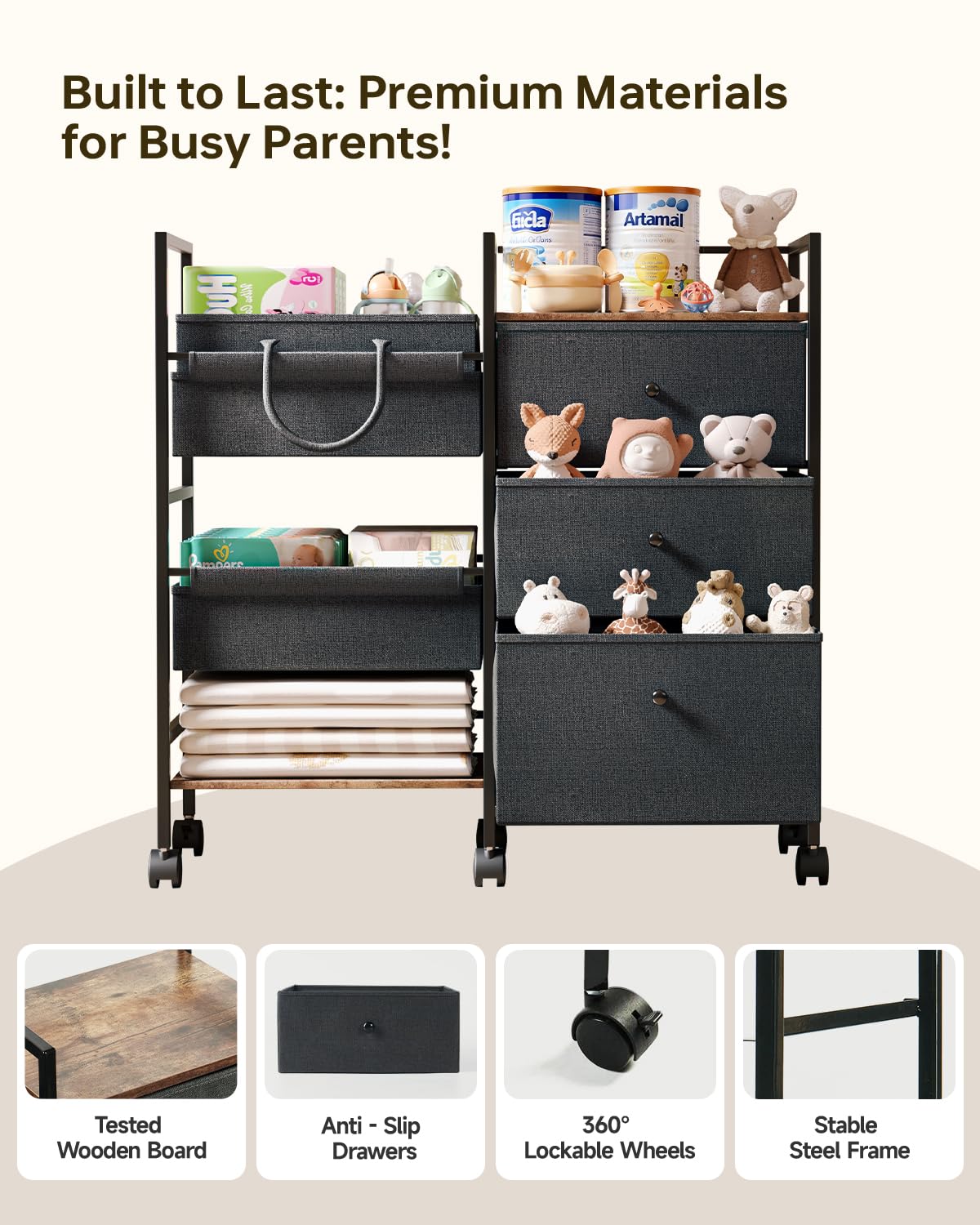 BG-BABYGO top-surface holds bottles, tissues, or toys within easy reach.