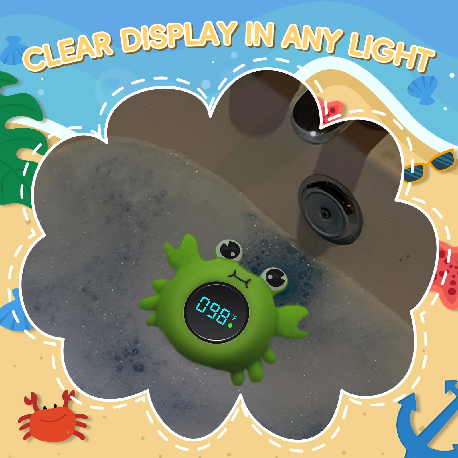 B&H nursery-friendly bath thermometer with green crab design enhances bath ambience