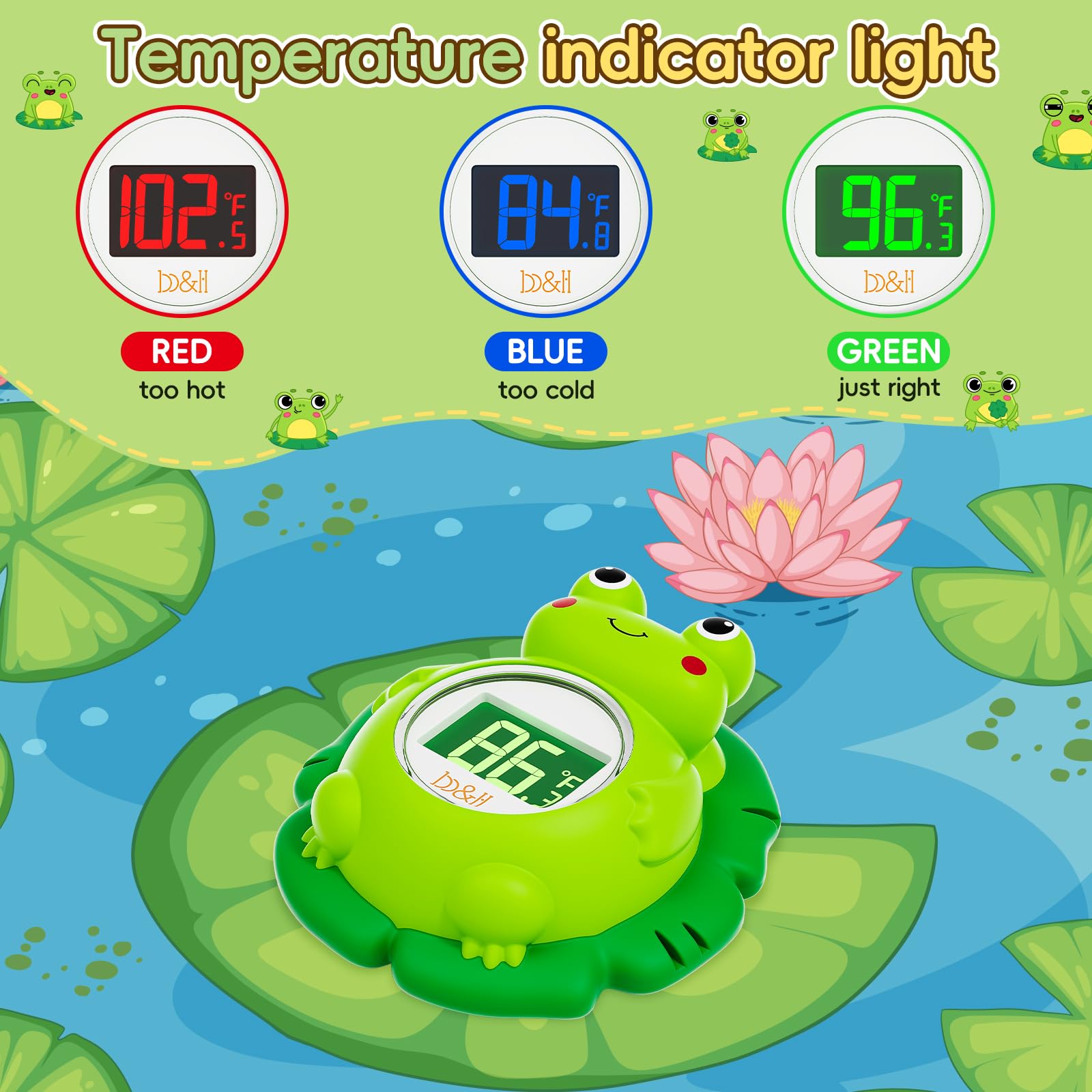 B&H thermometer shows red blue green indicators for bath temperature at a glance