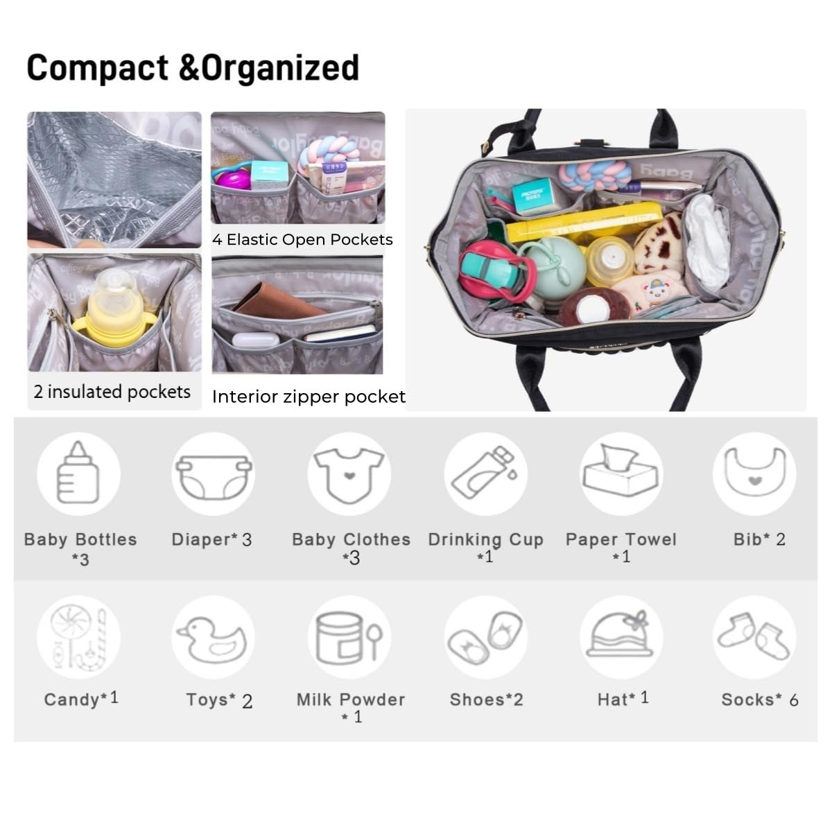 BHAFEM diaper bag small black back view highlights durable construction and easy-clean fabric