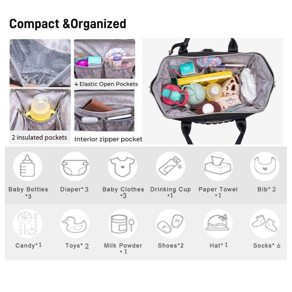 BHAFEM diaper bag small black back view highlights durable construction and easy-clean fabric